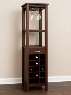 Tall Wood Wine Bar Cabinet Tower – Wine Rack, Glass Holder & Drawer