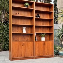 7’4” TALL Danish Modern Mid Century MCM Teak Wall Unit Bookshelf Cabinet Book Shelf Set 