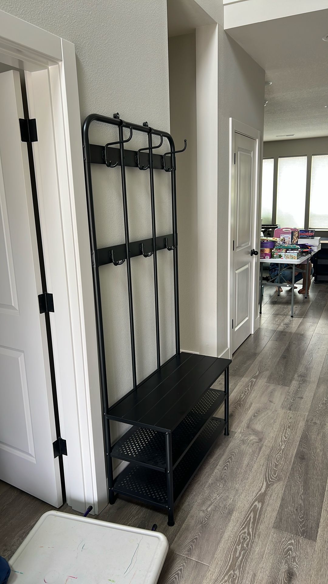 Metal hall tree with shelves