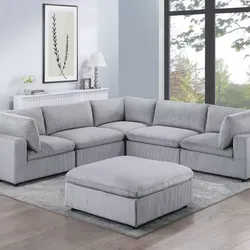 Brand New Grey Super Plush Corduroy Modular Sectional Sofa w Ottoman