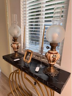Vintage lamp set 2 brass & hand painted floral base