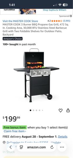 MASTER COOK 3 Burner BBQ Propane Gas Grill, 472 Sq. In. Cooking Area, 30,000 BTU Stainless Steel Barbecue Grill with Two Foldable Shelves for Outdoor