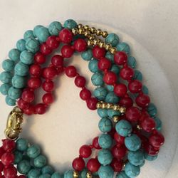 Turquoise &red Beads With Gold Beads Bracelet 6 Strands