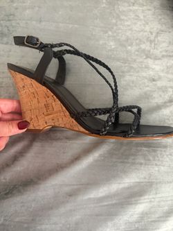 Black Braided Strap Cork Wedge Sandals