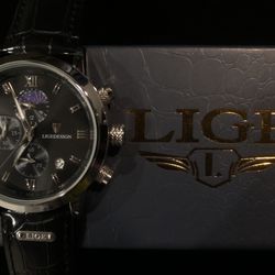 Men’s LIGE Luminous Calendar Chronograph Faux Leather Luxury Watch 