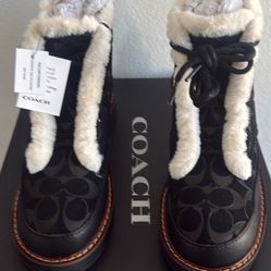 Coach Imani Suede Black Signature C Faux Fur Boots CE325. US 6.5B NWT