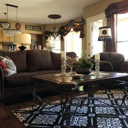 Brown Sofa, Chair + Ottoman  And Coffee Table