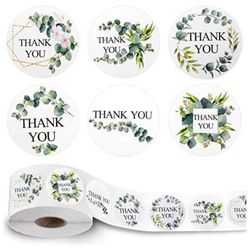 800 Pieces Greenery Frames Thank You Stickers, 1.5 Inch Boho Thank You Labels 6 Designs Adhesive Thank You Seal Circle Round Green Palm Leaves Wreath 