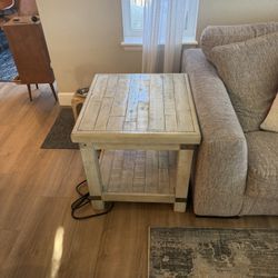 Shabby Chic Rustic Wood End Table W/Bottom Shelf with Built-In Outlets & USB Ports