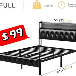 LED Bed Frame Full Size with Storage Headboard Platform Bed Frame with 2 Charging Outlets and 2 USB Ports Non-Slip Without Noise Strong Metal Slats Su