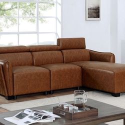 Brand New Brown Leather Mid Century Modern Style Sectional Sofa 