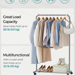 Clothes Rack with Wheels, Clothing Rack for Hanging Clothes, 25.4 mm Metal Garment Rack with Dense Mesh Storage Shelf, 110 lb Load Capacit