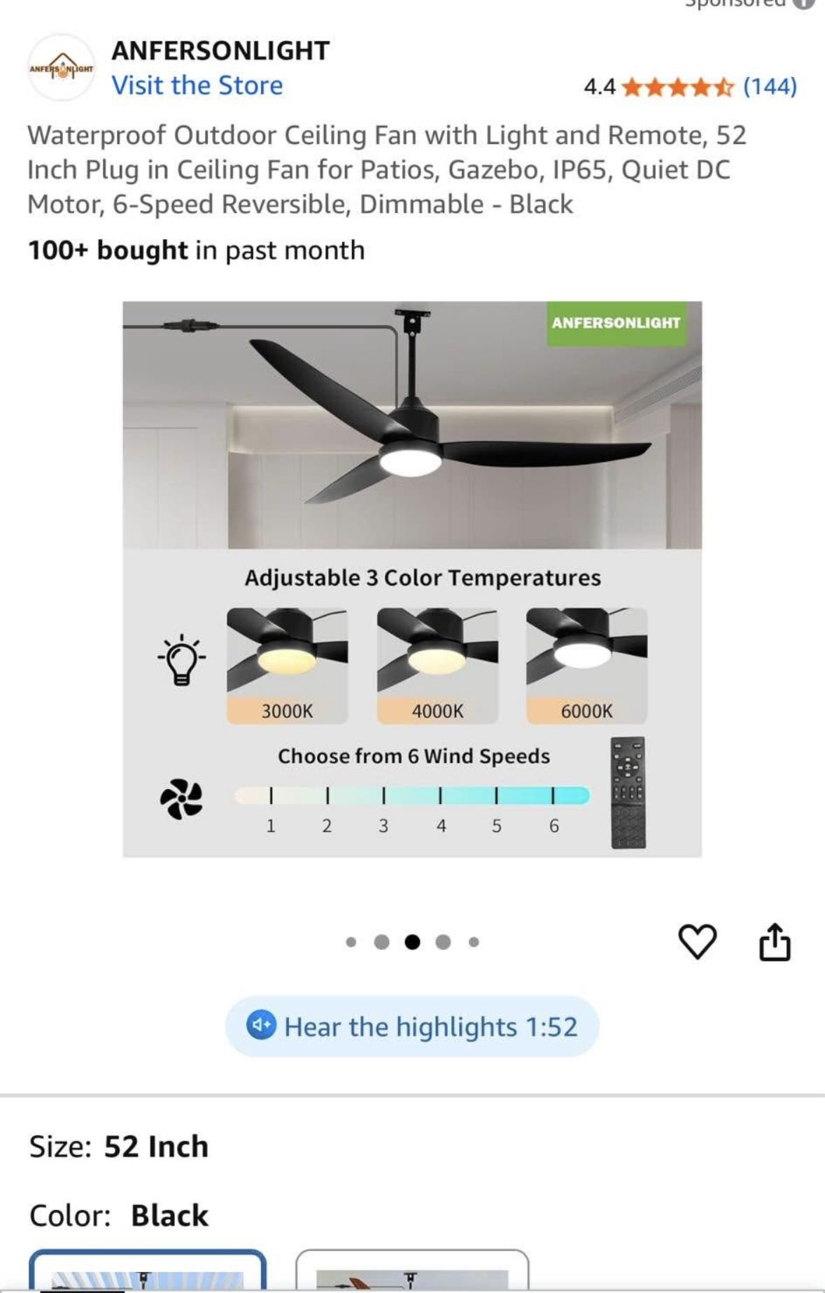Waterproof Outdoor Ceiling Fan with Light and Remote, 52 Inch Plug in Ceiling Fan for Patios,