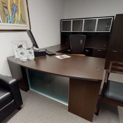 U Shaped Desk With Glass Modesty And Hutch