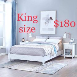 King Size - 12 Inch Tall Easy Assembly Solid Pine Wood Rustic Platform Bed Frame with Wooden Slat Support, Whitewashed