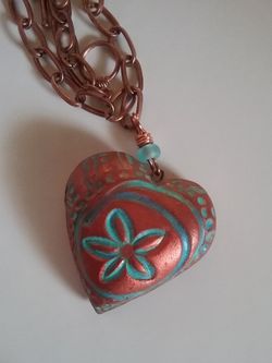 Hand Crafted,  Copper-toned, Polymer clay Sand Dollar,  Puffy Heart. On Copper Open-link Chain. 