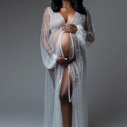 White Mesh Pearl Robe Long Sleeve Photoshoot Maternity Maxi Dress