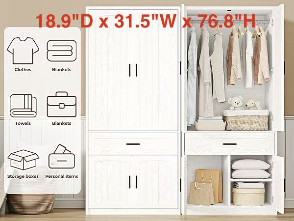 🥨LIKIMIO 77" Tall Armoire Wardrobe Closet, Wooden Wardrobe with 4-Door and Drawer, White Clothes Storage Cabinet with Hanging Rod and Adjustable Shel