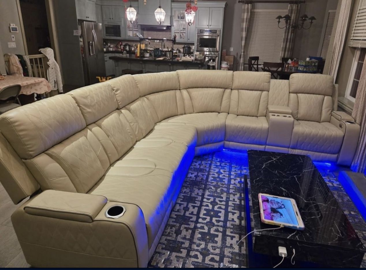 Power Electric Beige Leather Fully Reclining Sectional Couch