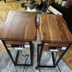 Solid Wood Side Tables with Outlets and USB Ports (set of 2) 