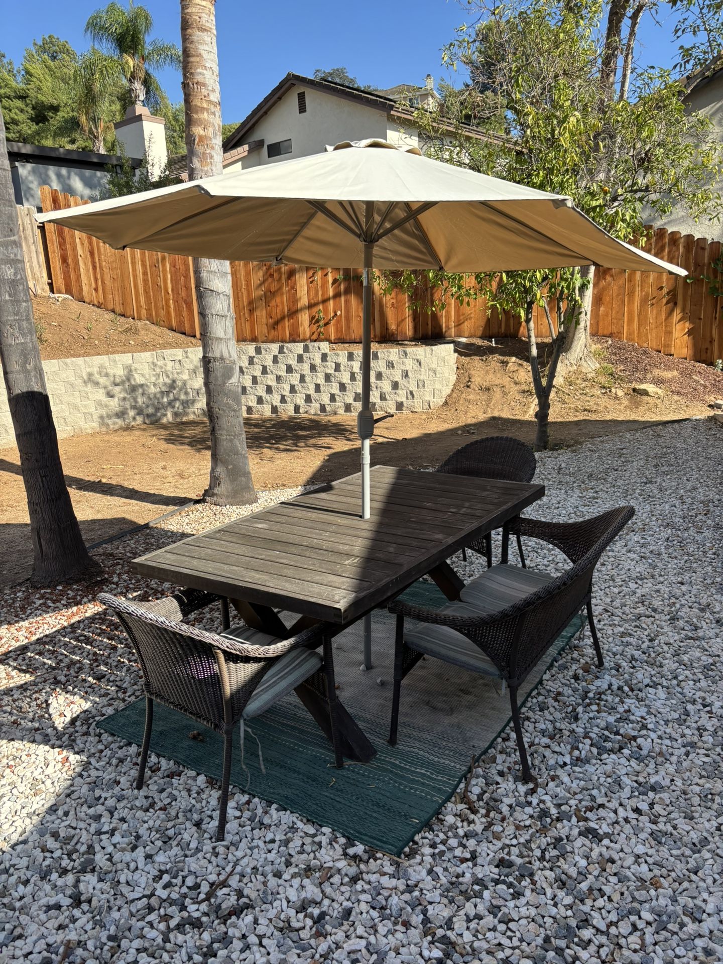 Backyard Table, Umbrella, Chairs