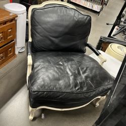 Woodward & Lothrop Top of the Line Black Leather and Walnut Club Chair & Ottoman