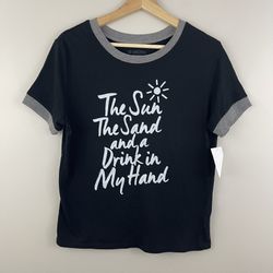"The Sun, The Sand, and a Drink in My Hand" Black White Grey Summer Graphic Tee