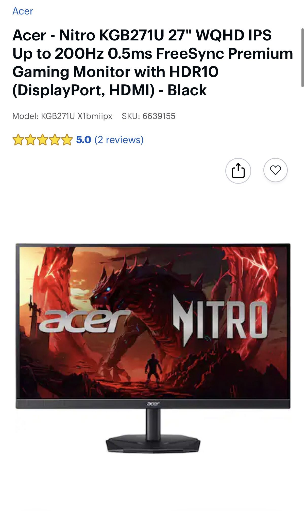 Acer - Nitro KGB271U 27" WQHD IPS Up to 200Hz 0.5ms FreeSync Premium Gaming Monitor with HDR10 (DisplayPort, HDMI) - Black