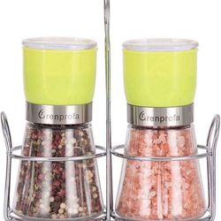 Grenprofa Salt Pepper Mill Grinder Refillable with Stainless Steel Holder, Coarse to Fine Adjustable Ceramic Grinder, Anti-slip Glass, 6 Ounce Small P