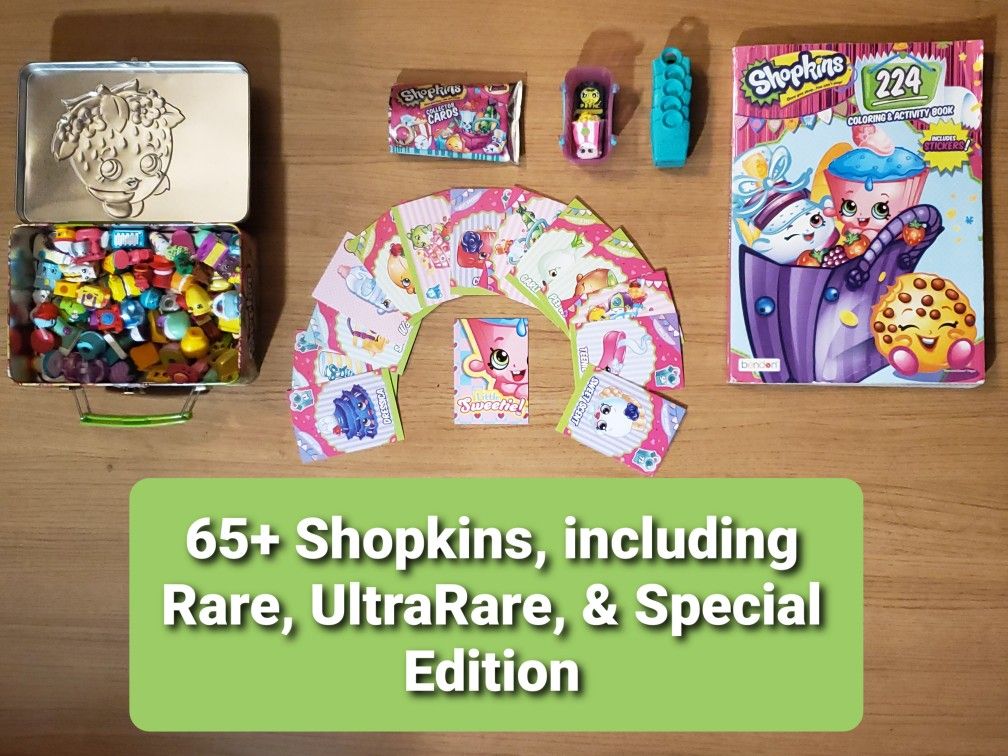 65+ Shopkins (includes Rare, UltraRare, & Special Edition), Coloring Book, & 2 packs of Collector Cards