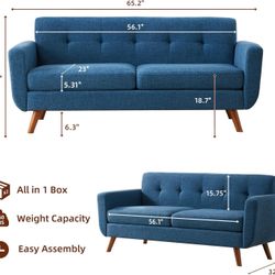 65" W Loveseat Sofa, Mid Century Modern Decor Love Seat Sofas and Couches for Living Room, Button Tufted Upholstered Small Couch for Bedroom, Solid an