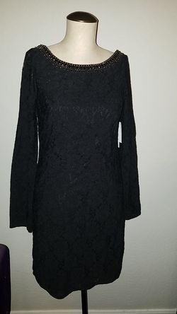 New Sz 6 womens Shelli Segal black lace beaded cocktail party dress long sleeve wear to work fall winter nwt