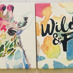 2 Happy Colorful Canvas Art Prints! Giraffe and Wild & Free