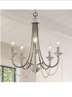 French Country Chandelier, Modern Farmhouse Wood Beaded Chandelier 5-Light Rustic Hanging Pendant Light Fixture for Dining Room Bedroom Entryway Livin