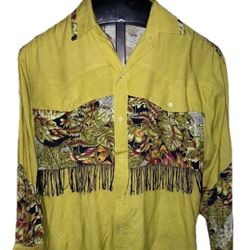 Vintage Maurizo Western Shirt Women Size medium Fringe Rayon Long Sleeve Cowgirl