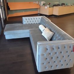 Sectional Sofa In Button Tufted Grey Velvet