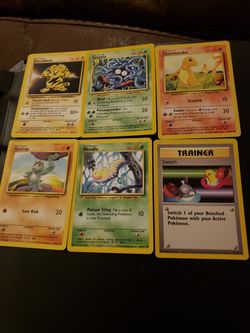 Pokemon base set non-holo cards, electrabuzz, tangela, charmander, machop, weedle, trainer switch