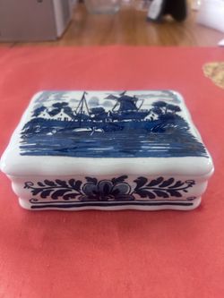 Vintage Blauw Delfts Distel Hand-Painted Trinket Box, Blue White Windmill