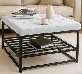 ES140 $60  Large Square Ottoman Coffee Table with Storage, 36" Upholstered Footrest Ottoman for Living Room, White Linen Fabric Center Table Modern Fa
