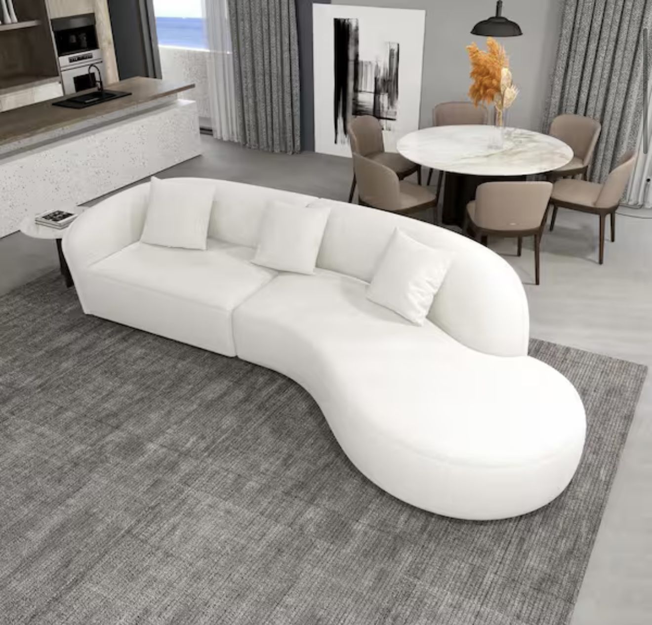 Dallas 126 in. Round Arm 2-Piece Fabric Curved Sectional Sofa in Ivory with Chaise