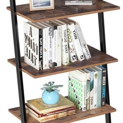 5-TIER INDUSTRIAL LADDER SHELF, WALL MOUNT BOOKCASE PLANT FLOWER STAND, STORAGE ORGANIZER DISPLAY RACK WITH METAL FRAME FOR HOME OFFICE, RUSTIC BROWN 