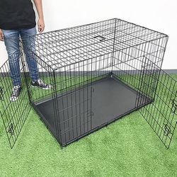 (NEW) $65 Folding 48” Dog Cage 2-Door Pet Crate Kennel w/ Tray 48”x29”x32” 