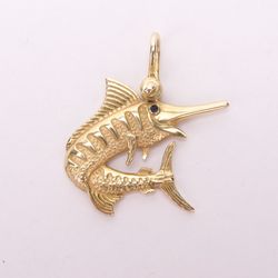 14k Yellow Gold Marlin Sailfish Fish Drop Pendant