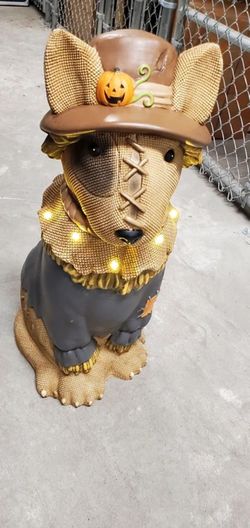 Lighted Scarecrow Dog Statue Halloween Decor LED Light Up Puppy Figurine