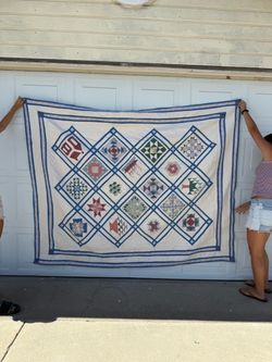 Vintage Handmade Sampler Patchwork Quilt – Blue & White Folk Art – Approx. 82” x 64