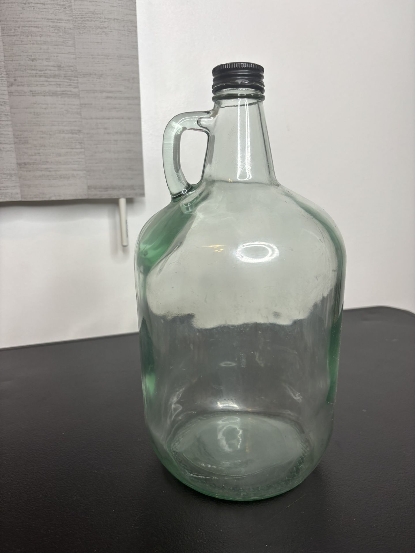 Vintage Green Wine Glass Gallon Jug, Finger Loop, Black Metal Cap