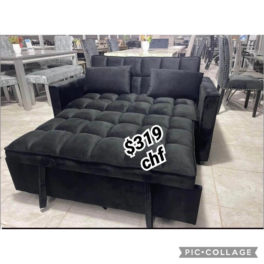 53.5"W Black Velvet Convertible Sleeper Loveseat with Tufting and Side Pockets