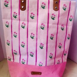Charming Pink Striped Floral Canvas Tote Bag Beach Travel Groceries Bottles Leather Accessories 