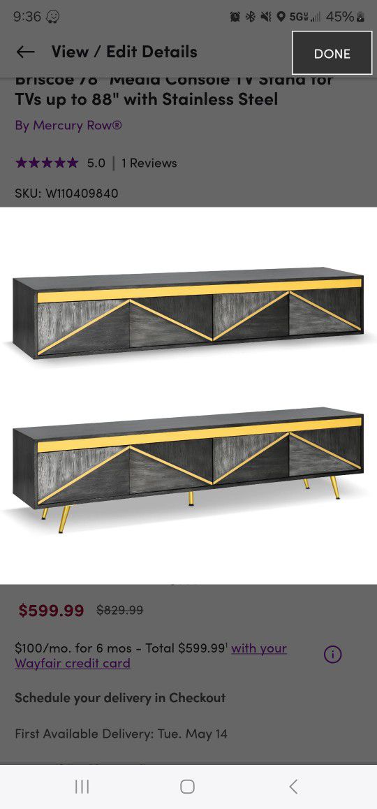 Media Console TV Stand 78"wide- Made for TV's up to 88" BNIB Black w/ gold accents
