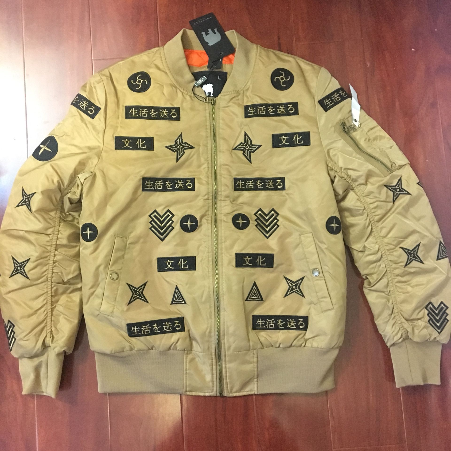 New American stitch all over patch khaki bomber jacket men size large